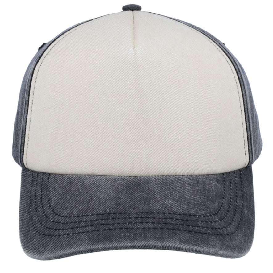 F25500BLK/ST/BL - 5 Panel Vintage Washed Cap - Black/Stone/Black