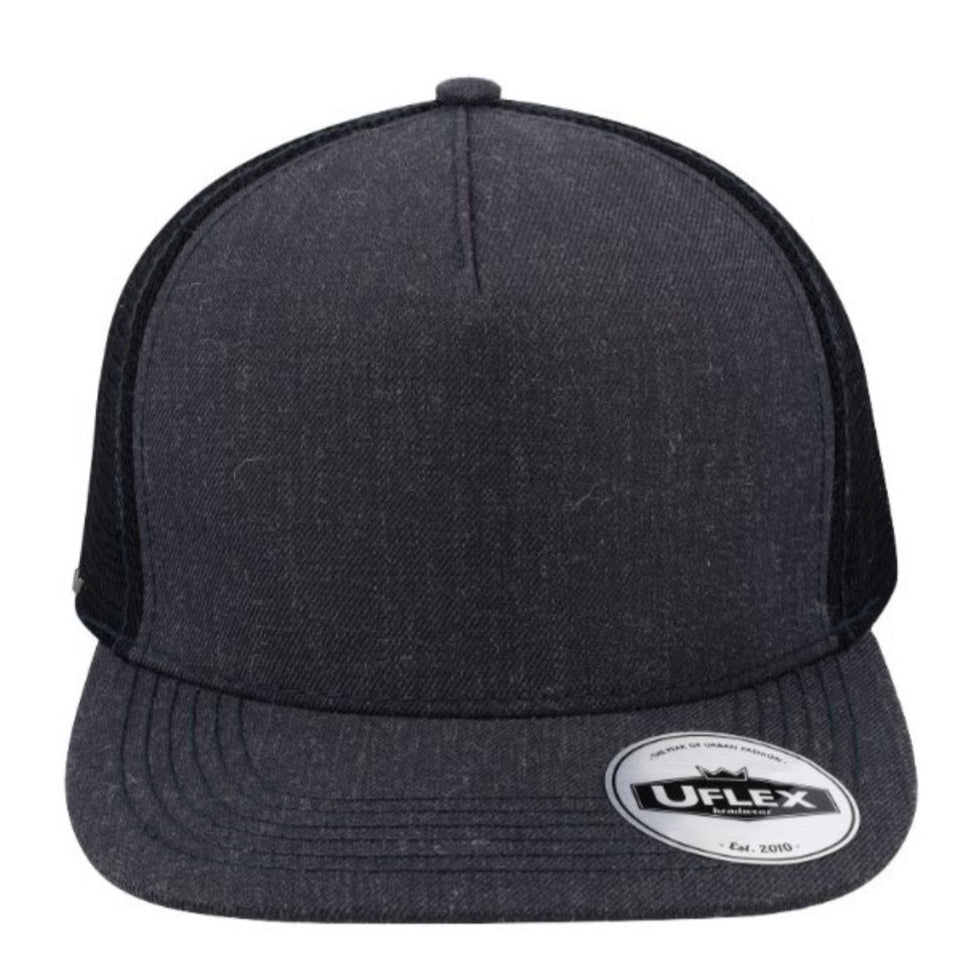 U15501CHARCOAL - Uflex 5P Flat Peak Trucker Cap - Charcoal
