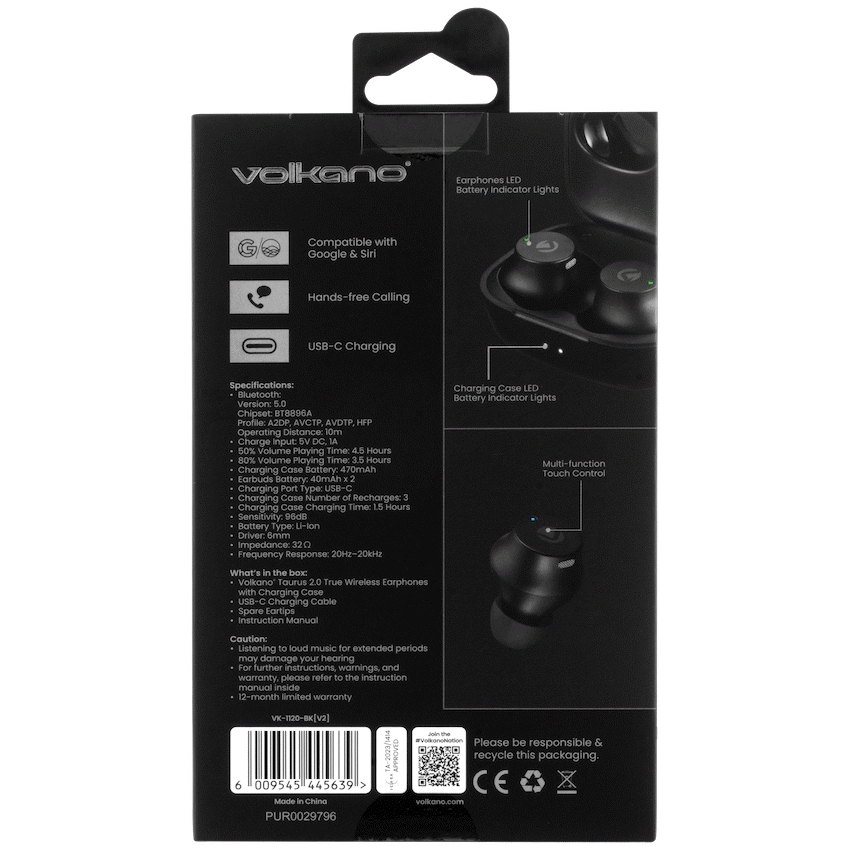 Volkano Taurus Series 2.0 True Wireless Earphones with Charging Case - Black - Image 8