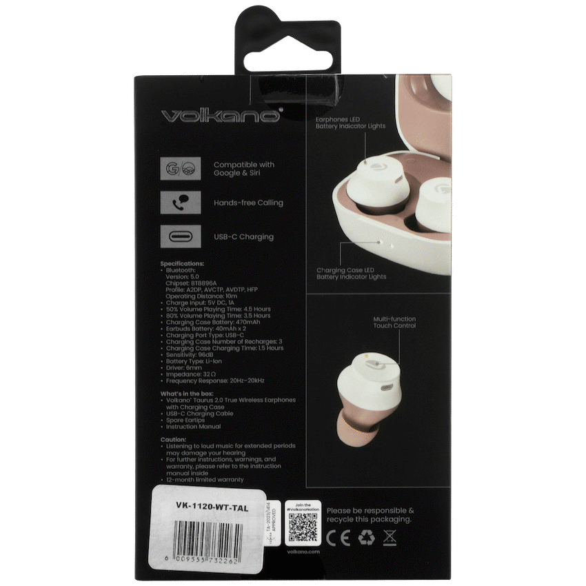 Volkano Taurus Series 2.0 True Wireless Earphones - White - Image 9