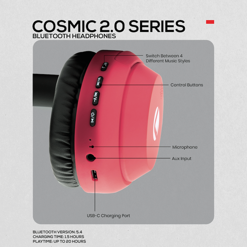 Volkano Cosmic 2 Series Bluetooth Headphones - Red - Image 5