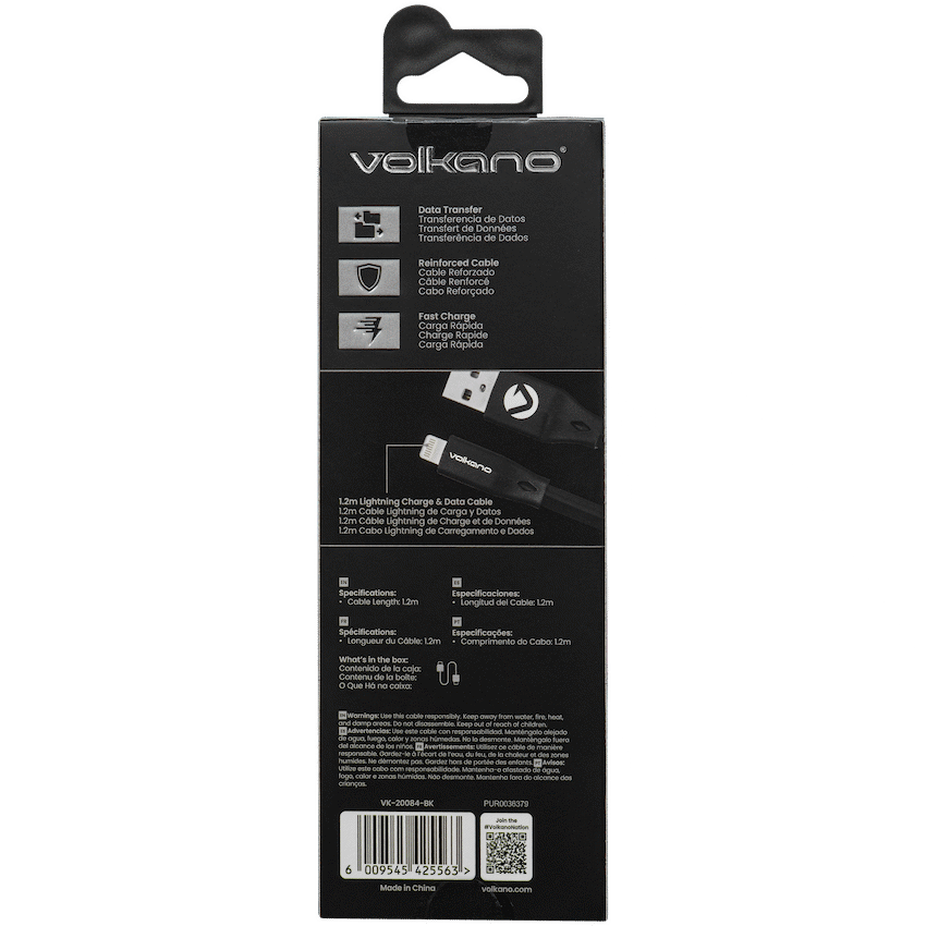 Volkano Slim Series Flat PVC Lightning Cable 1.2m - Black - Image 2