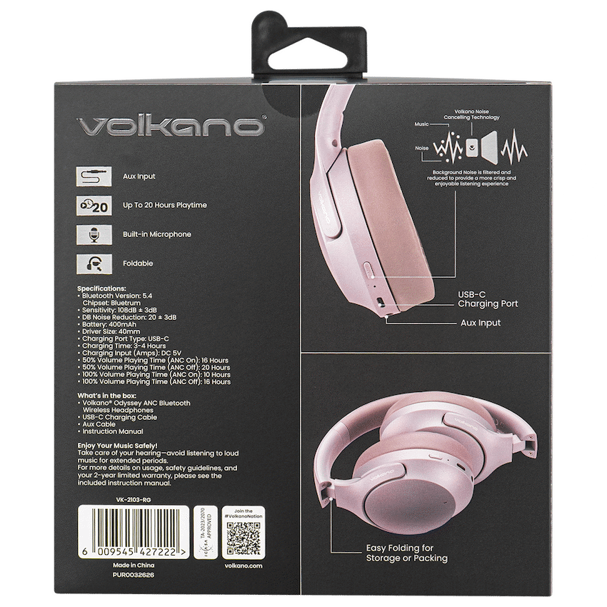 Volkano Odyssey ANC Bluetooth Wireless Headphone - Rose Gold - Image 26