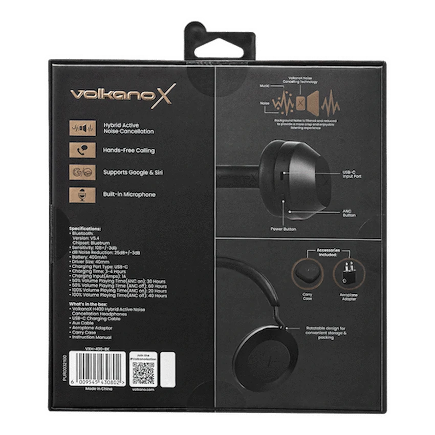 VolkanoX H400 Hybrid Active Noise Cancellation Headphones - Black - Image 14