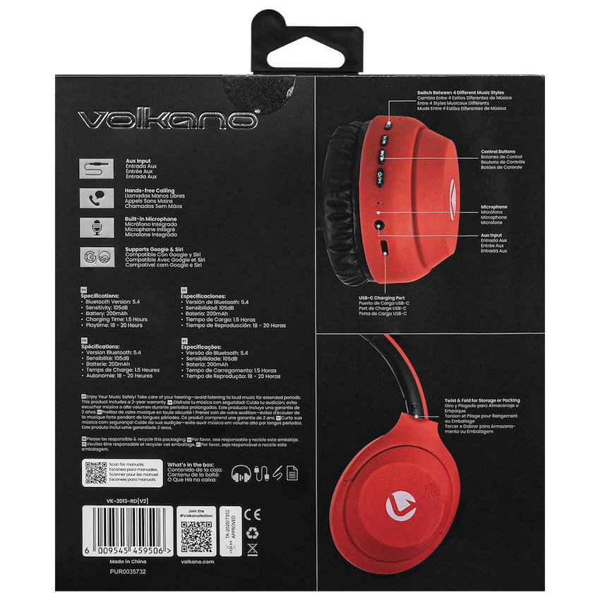 Volkano Cosmic 2 Series Bluetooth Headphones - Red - Image 3